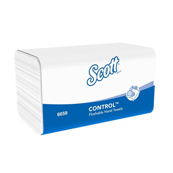 Scott® Control™ Flushable Folded Hand Towels 6659 - 15 packs x 300 white, 1 ply sheets.