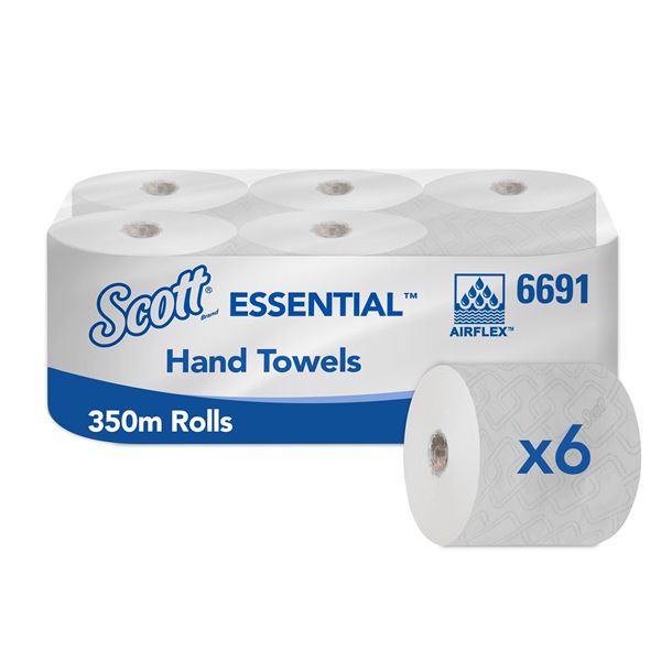 Scott® Essential™ Rolled Hand Towels 6691 - 6 x 350m white, 1 ply rolls